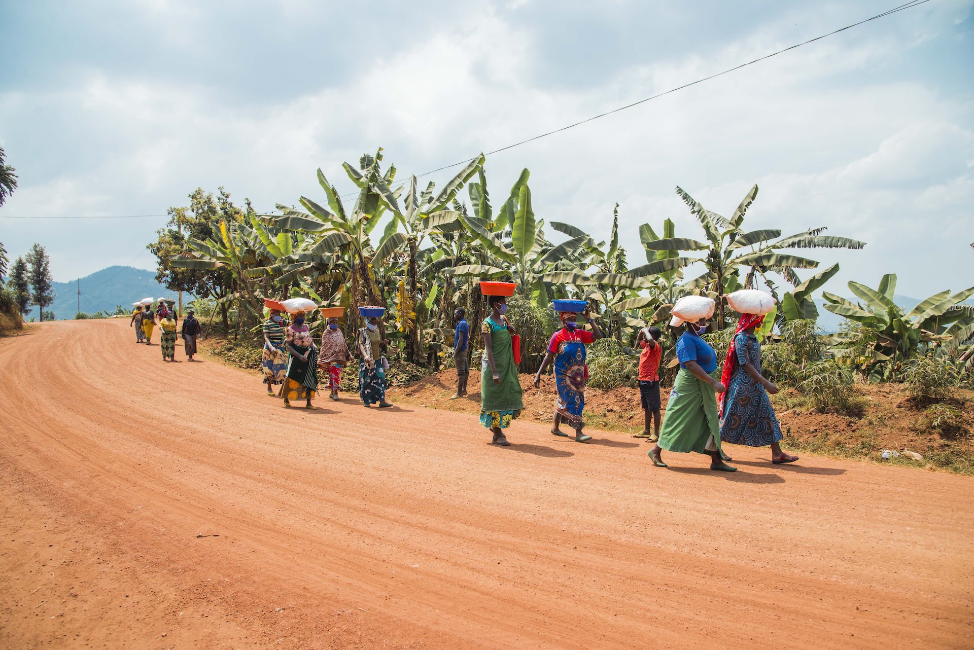 Kaffeebäuerinnen in Ruanda transportieren Kaffee in die Washing Station